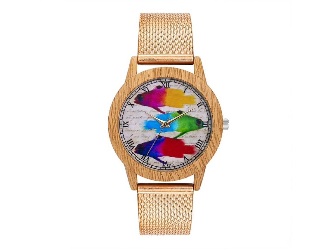 Reloj De Cuarzo Con Correa De Malla Zhoulianfa Patrón De Peces Escala Romana Rosado
