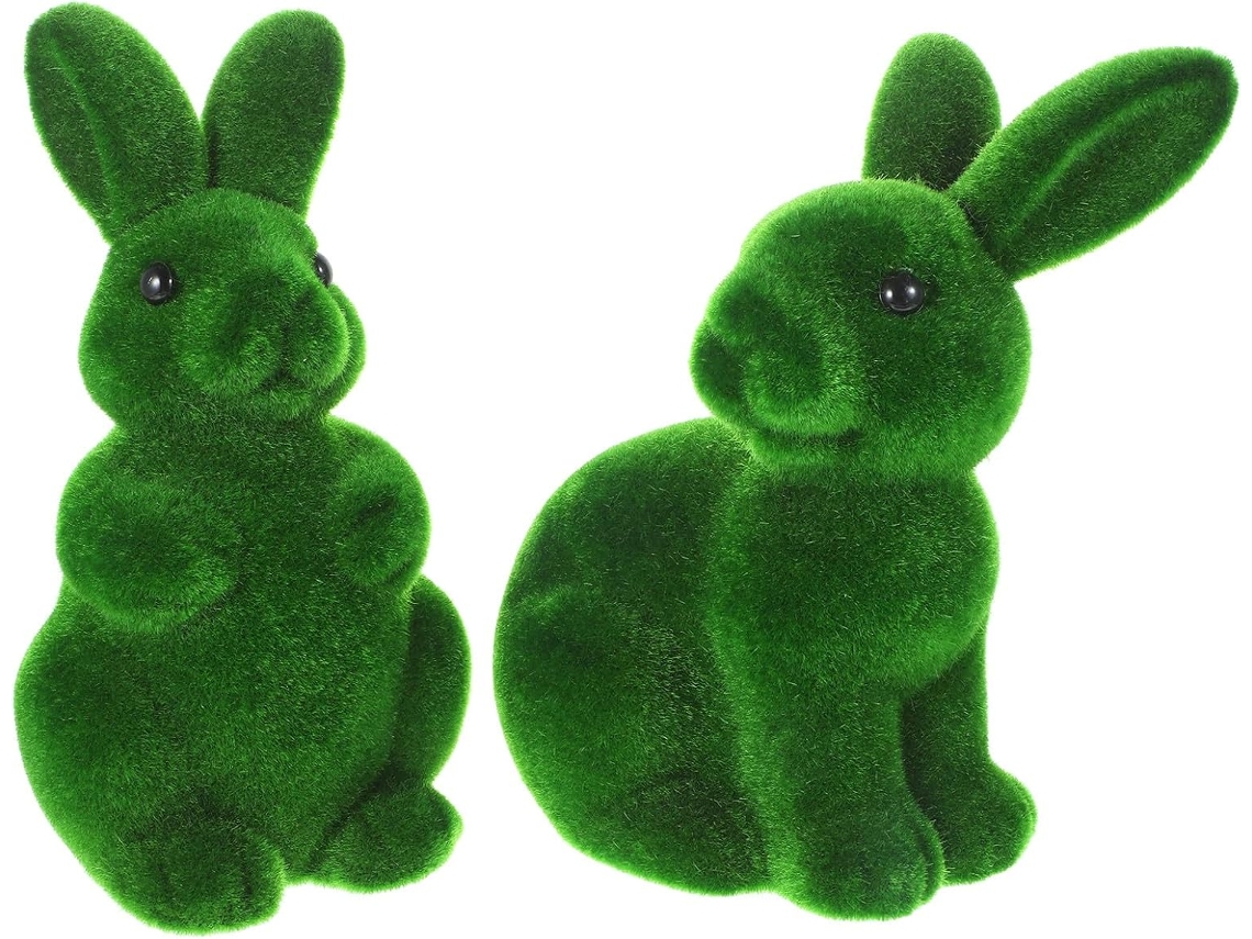 Inoomp 2 Peças de Coelhos Flocados Verdes Pequenos Coelhos de Musgo Figuras Decorativas de Páscoa para Jardim, Terraço CHABERLU