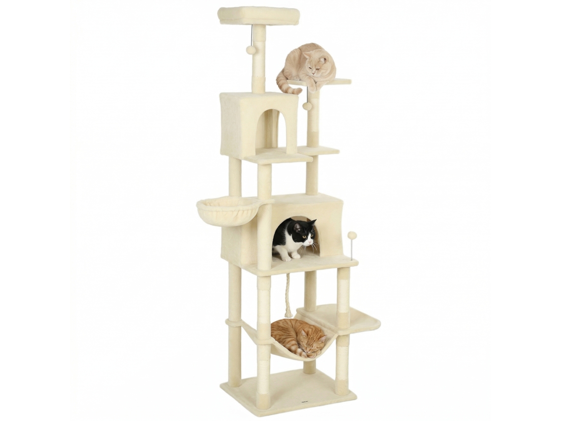 Arranhador para gatos com plataformas, caverna, postes sisal, bolas, 60x48x202 Cm Bege