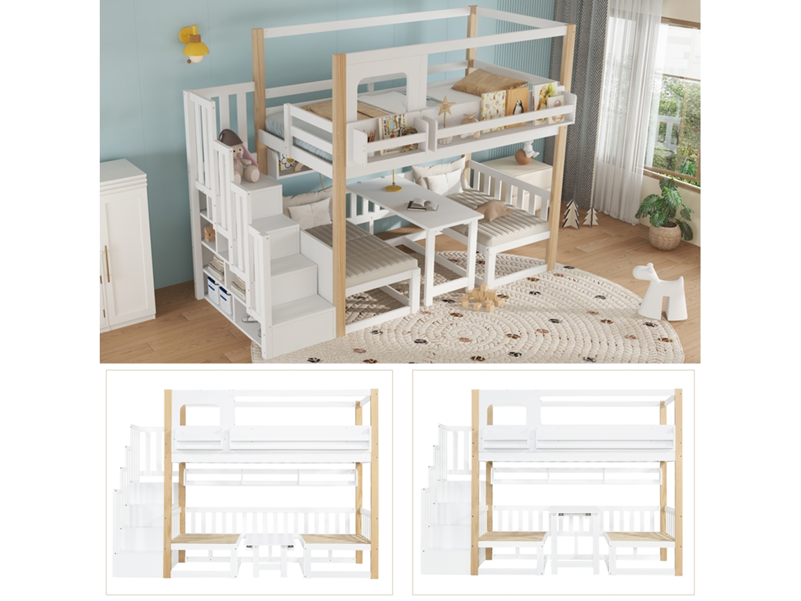 Beliche Infantil Com Mesa Ajustável, Estante Lateral E Escada Resistente. Pinho+mdf+compensado, Branco+natural, 90x200cm.