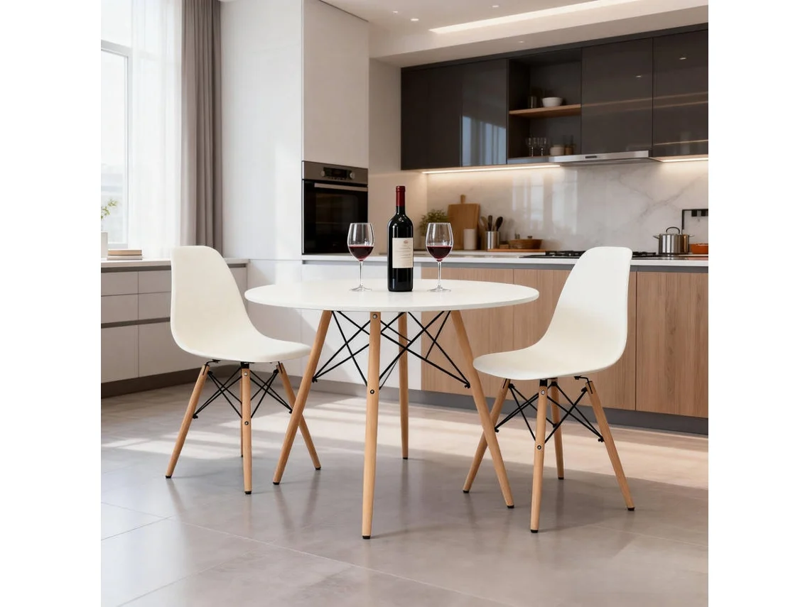 Mesa de Refeição Circular, tampo em branco e pernas com acabamento em madeira natural (Outlet Caixa Aberta - 110 x 75 cm)