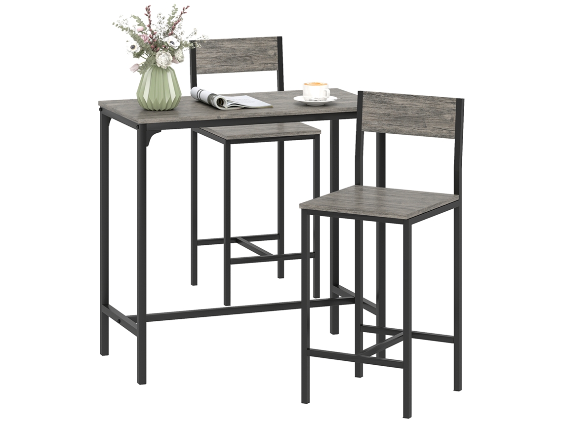Conjunto De Mesa E Banquetas De Bar. Mesa Alta Com 2 Banquetas De Bar. Apoio Para Os Pés E Encosto. Cinza.