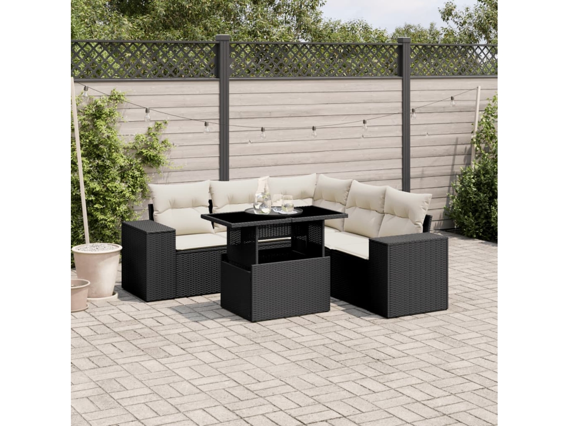 6 Pcs Conjunto Sofás De Jardim C/ Almofadões Vime Pe Preto Dkd Home Decor