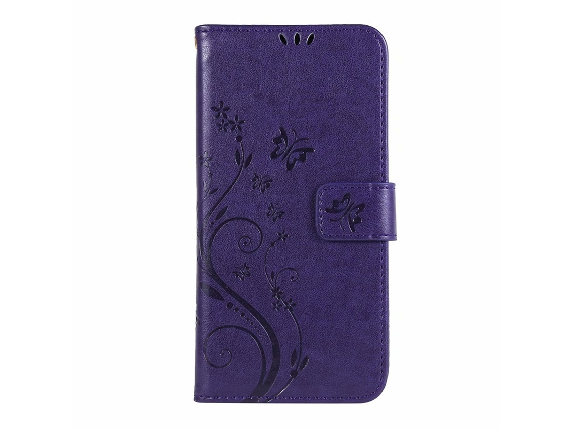 Capa Para Iphone 17 Em Couro Liso Com Estampa De Borboleta Roxa Escura.