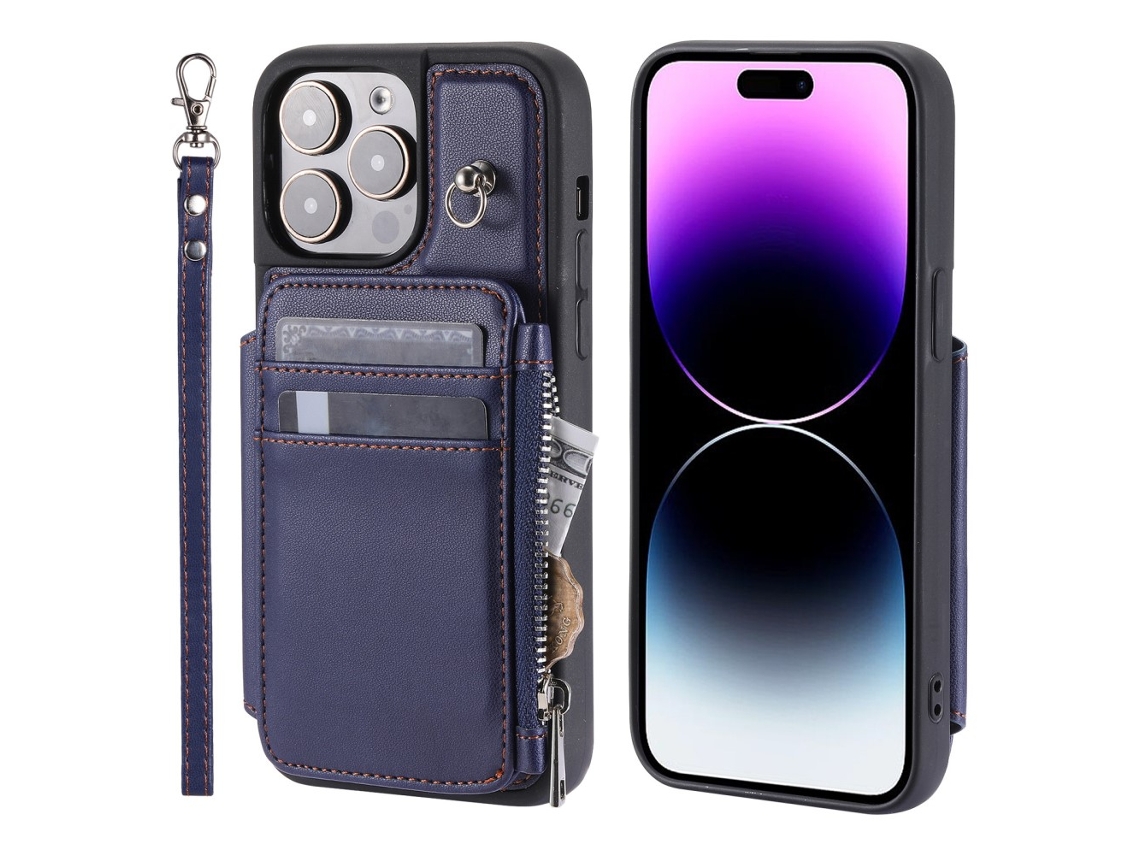 Capa Bloqueio Rfid Pega Para Iphone 15 Pele Sintética Com Porta-cartões Azul