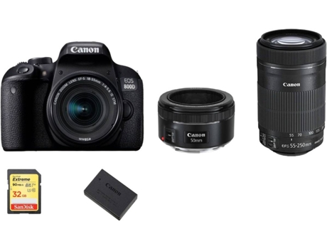 Kit Máquina Fotográfica Reflex CANON EOS 800D EF-S 18-55mm + EF-S 55-250mm + EF 50mm STM + 32GB SD+ LP-E17