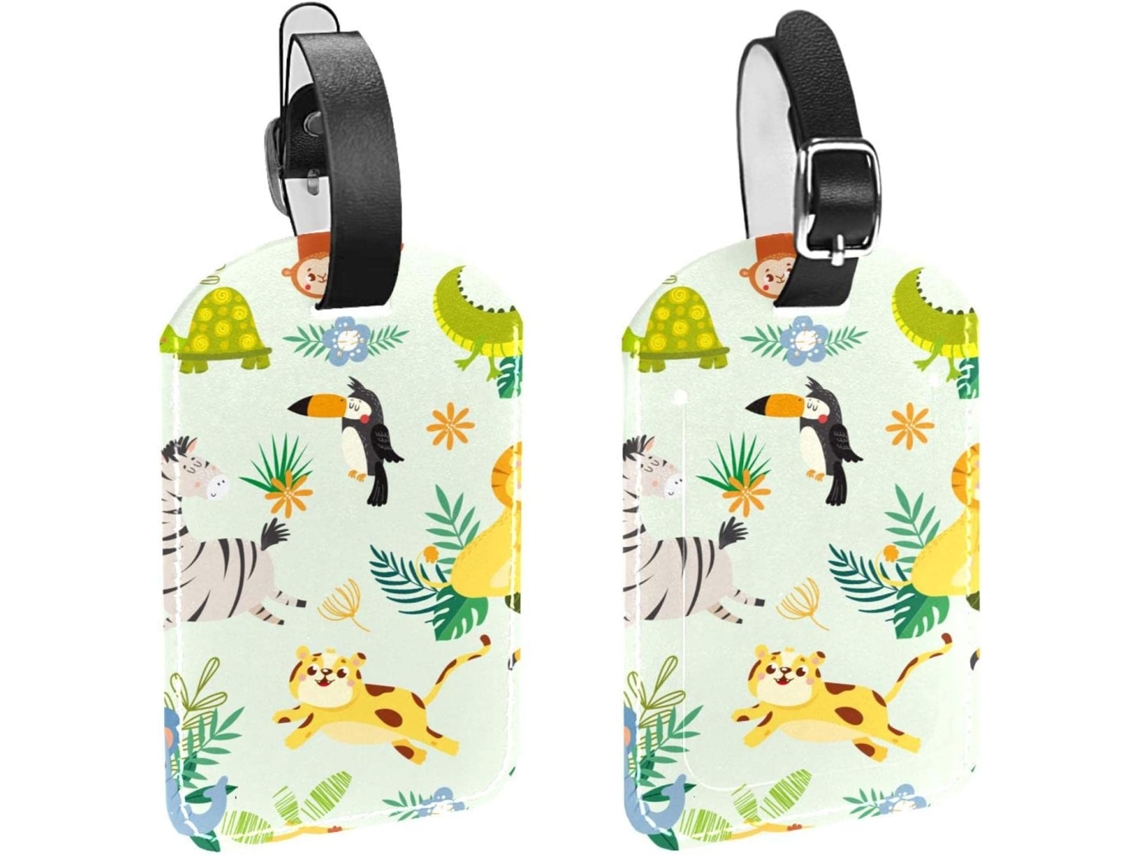 Conjunto De 2 Etiquetas Bagagem Em Couro Pu Proteger Sua Privacidade Estampas Girafa, Elefante, Tigre E Zebra