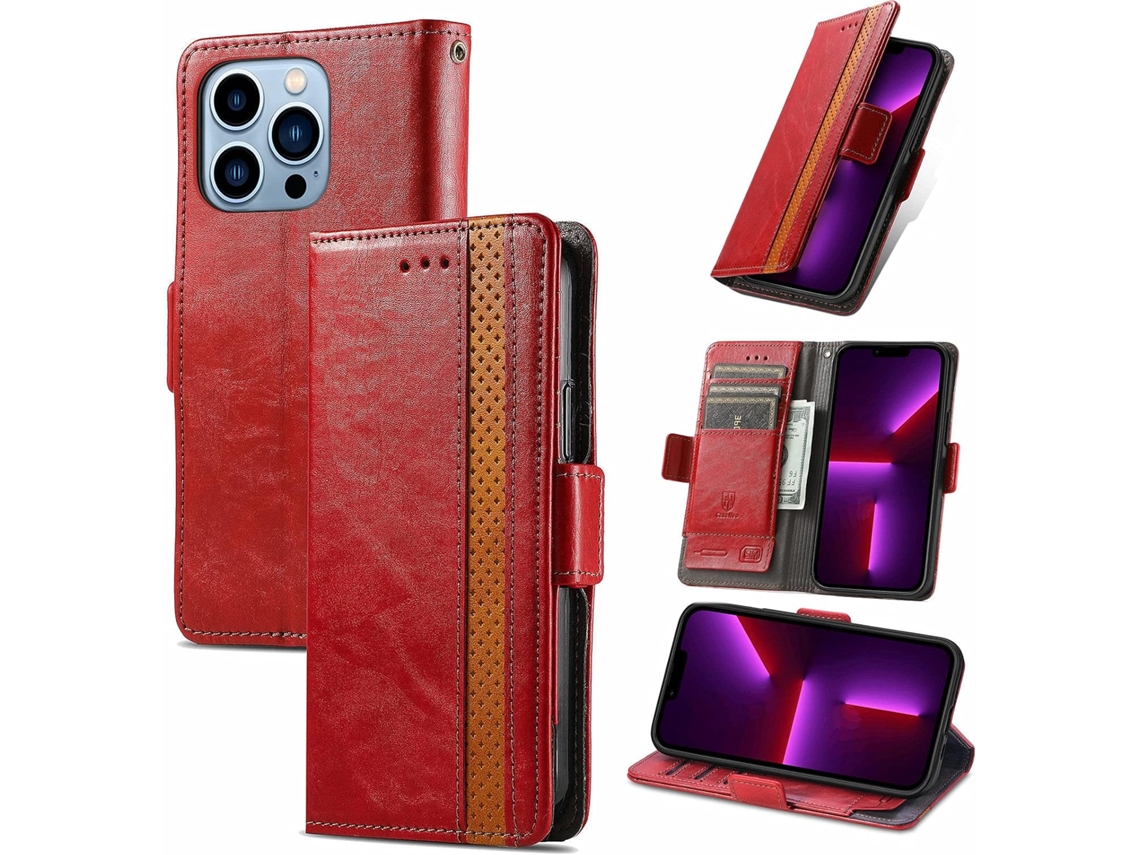 Capa Fólio Portacartões Fecho Empresarial para iPhone 13 Pro Max HONGWE. Magnética Vermelho