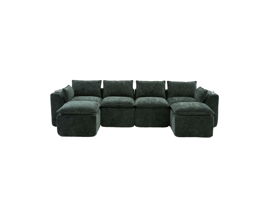 Sofá Modular De 4 Lugares - 2 Pufes, Porta-copos, Espuma/molas - Verde Escuro Chenilla