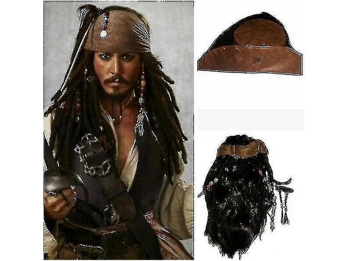 Peruca e osso do Capitão Pirata Jack Sparrow para adultos, modelo Piratas do Caribe, acessórios de Halloween de 2026 para homens.