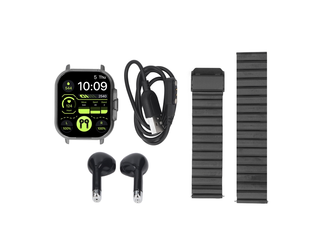 Relógio inteligente Mali 2 em 1 com fones de ouvido Bluetooth, tela HD, 2.01 polegadas, monitor de atividade, para iOS e Android, aço preto