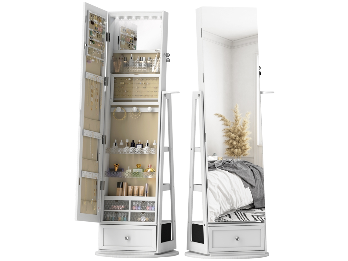Espelho De Pé Giratório 360° Com Com Interior Iluminado Organizador De Jóias Com Prateleiras E Gavetas 56x56x164 Cm Branco