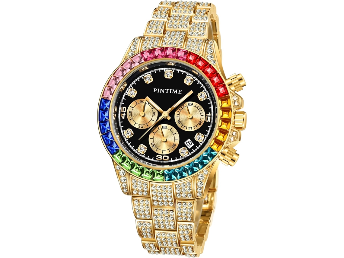 Gusshious Wofull Relógio De Diamante E Pulseira De Aço Inoxidável Com Mostrador Colorido Rosa Ouro