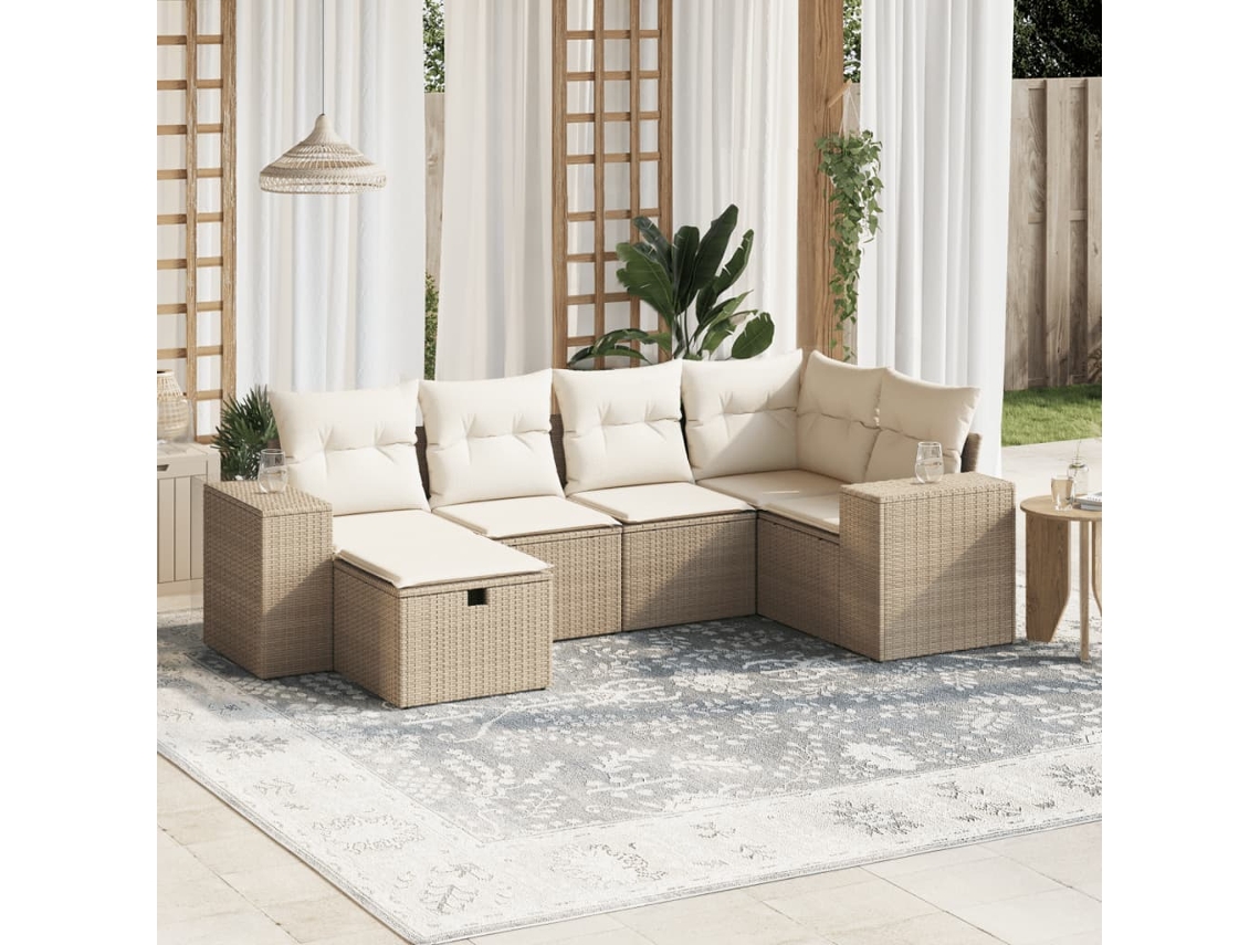 Vidaxl 6 Pcs Conjunto De Sofás P/ Jardim Com Almofadões Vime Pe Bege