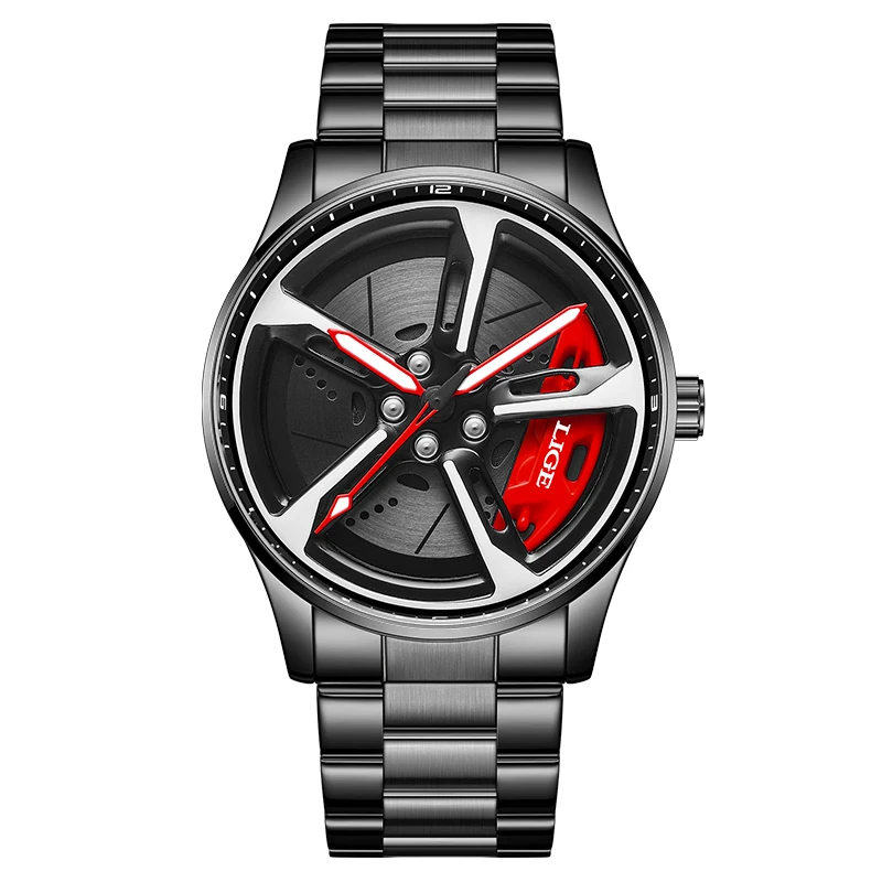 Relógio Esportivo Com Design De Roda De Carro (preto E Vermelho), Mostrador Em Aço Inoxidável.