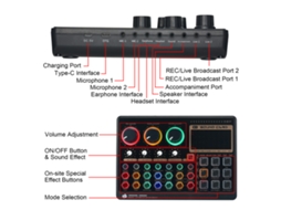 Placa de som Mali externa X6mini mixer para streaming, gravação, karaoke, com Bluetooth, efeitos, 14 botões iluminados com marca