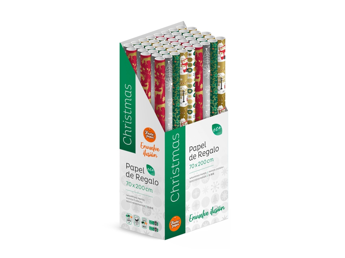 Pacote 50 Rolos Papel Natal 2m X 70cm Caixa Expositora Festiva - Fp Party Paper