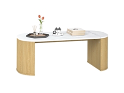 Mesa Centro Oval, Efeito Mármore, Cantos Arredondados, Pés Grossos, 110x50x40 Cm, Branca