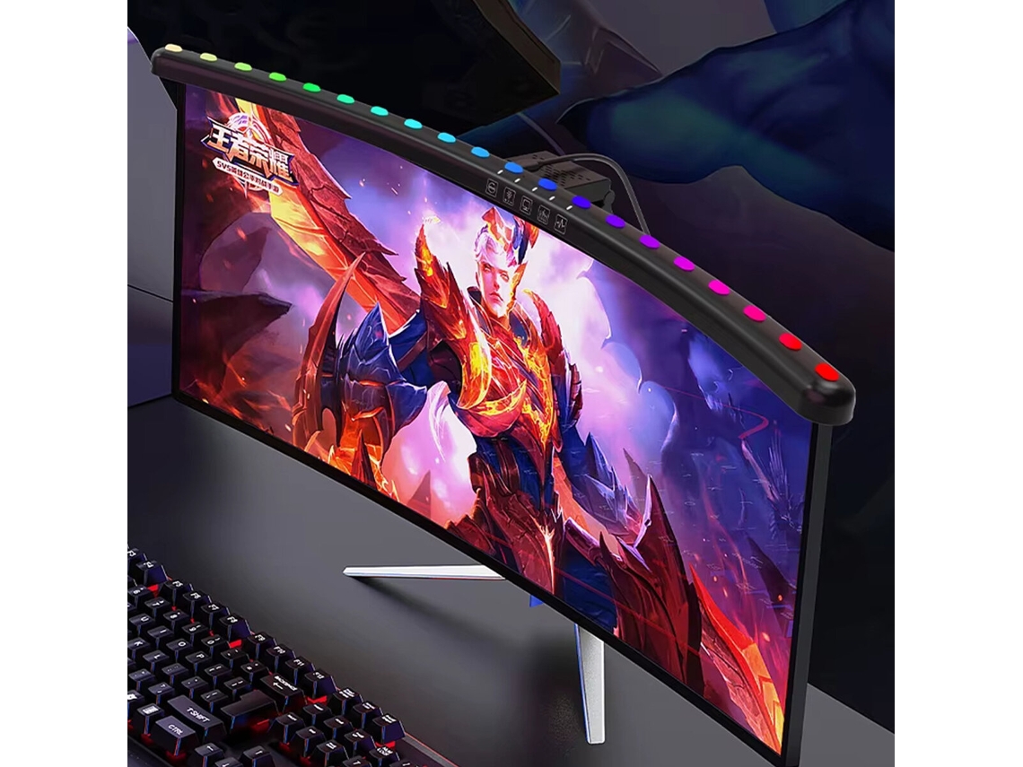 Versão Curva: Barra de luz para monitor curva/reta, captura RGB dinâmica, ajuste de brilho contínuo, luminária de mesa ajustável.