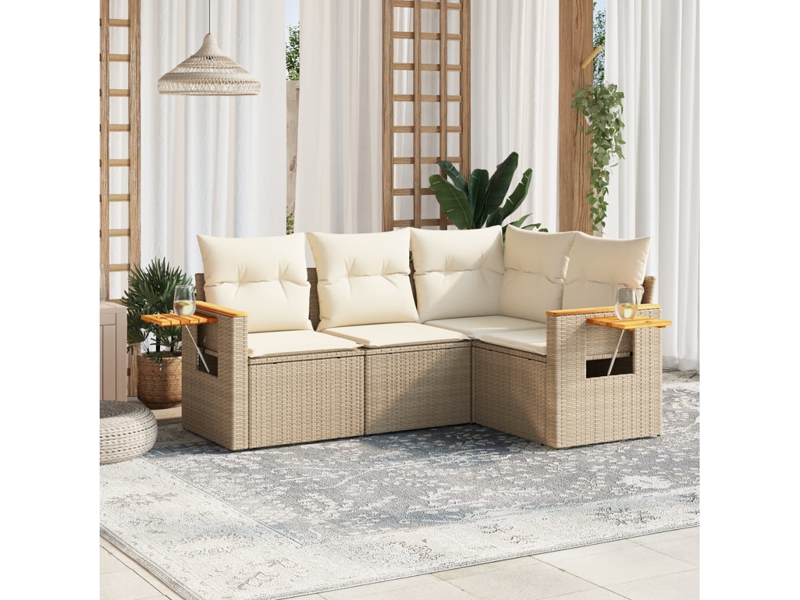 4 Pcs Conjunto De Sofás Para Jardimconjuntos Relax Jardimconjunto De Jantar C/ Almofadões Vime Pe Bege Cfw785914 Lovely Home