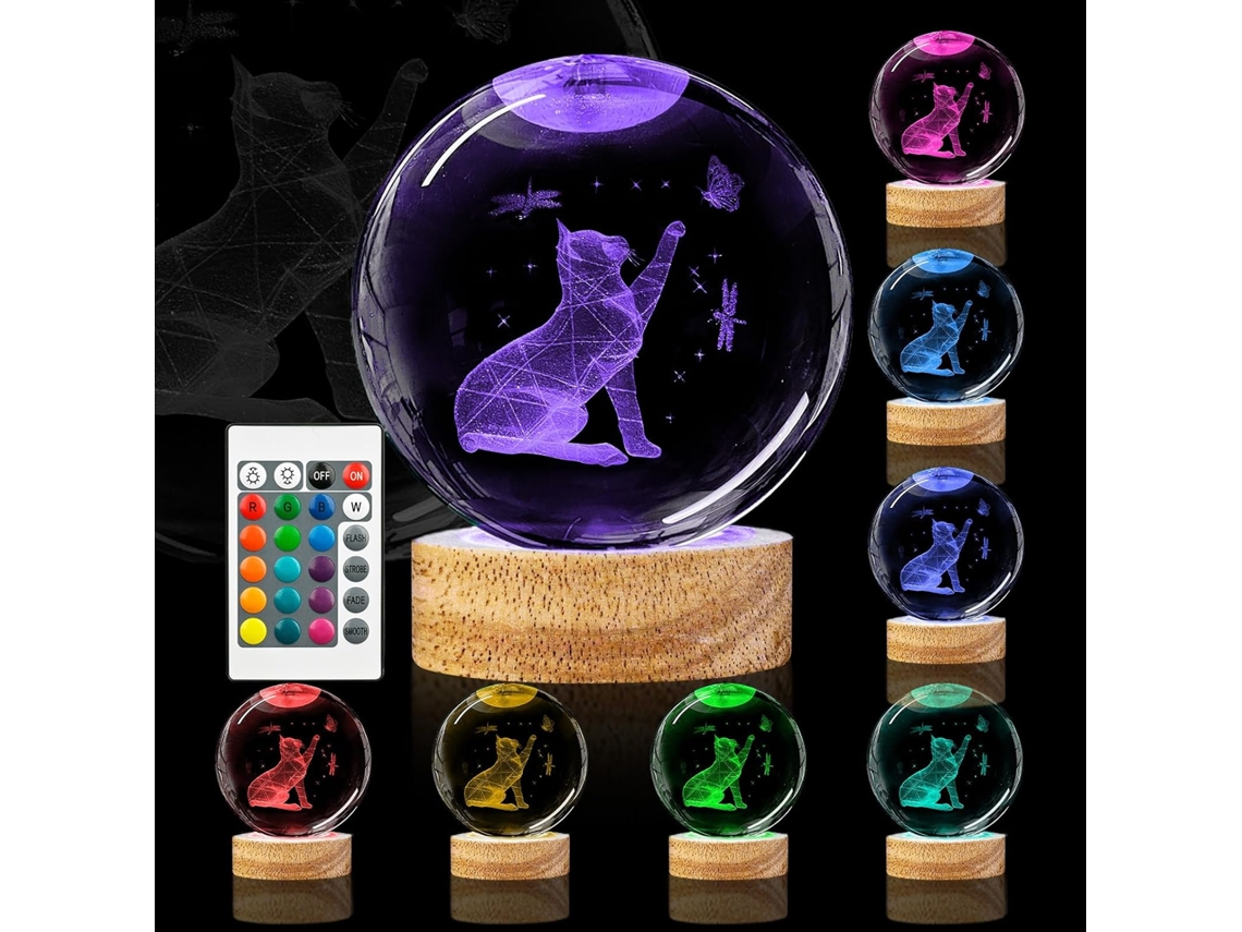 Luminária Noturna Em Formato De Bola Cristal 3d Gato, 8,9 Cm, Com 16