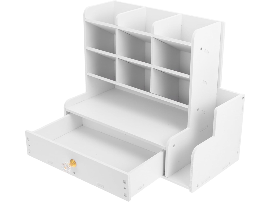 Porta-canetas De Mesa Branco Com Gaveta, Em Composto De Madeira E Plástico