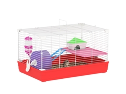 Gaiola de Hamster de 2 Andares Metal Pp com Fita Cassete, Tanque de Água, Roda e Pires, 47x30x27 Cm, Vermelho e Branco Ge