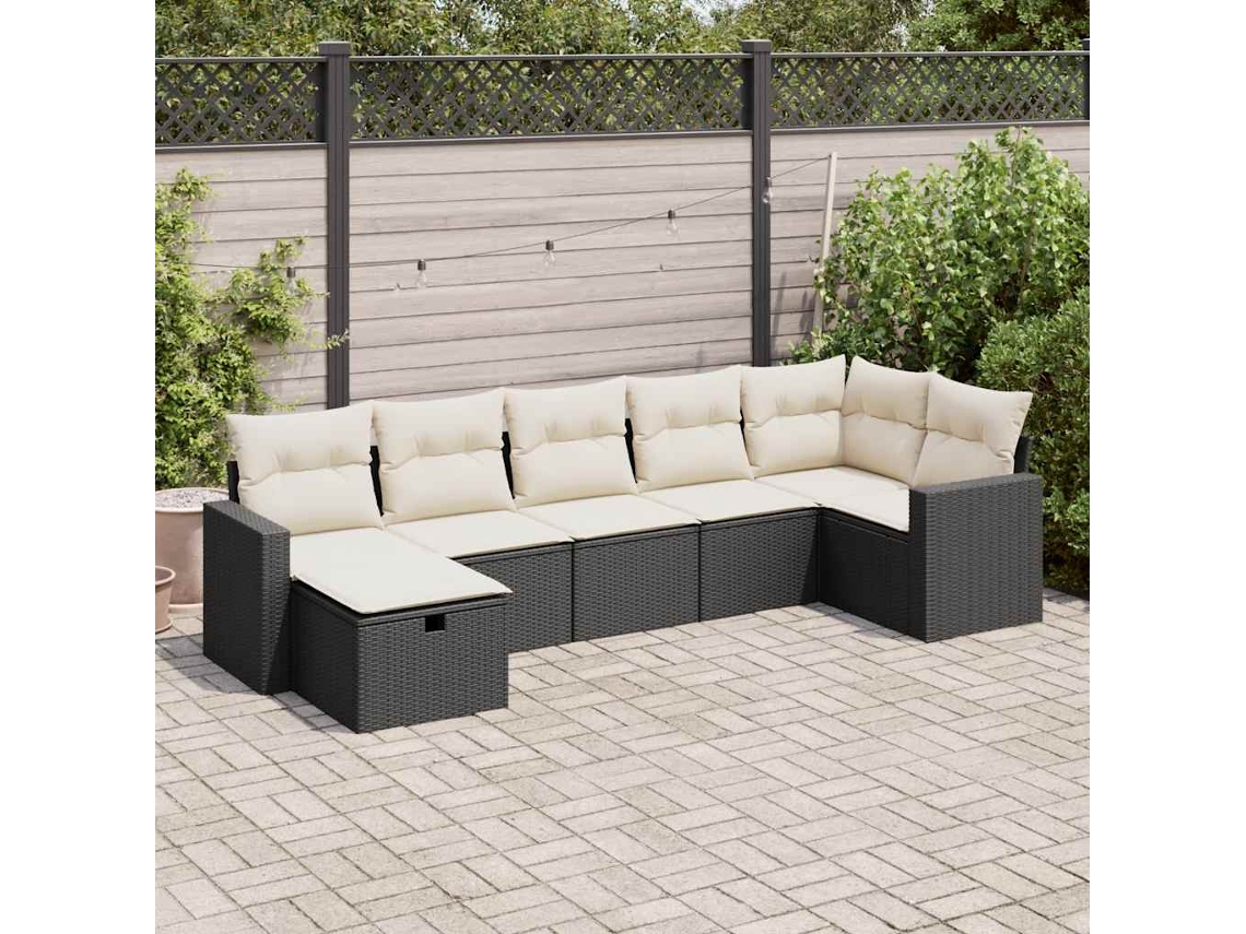 Vidaxl 7 Pcs Conjunto De Sofás P/ Jardim C/ Almofadões Vime Pe Preto