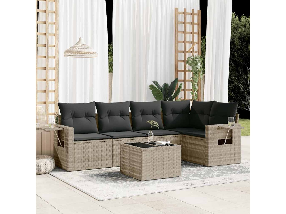 Vidaxl 6 Pcs Conj. Sofás Jardim Com Almofadões Vime Pe Cinzento-claro