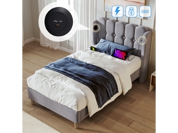 Cama Estofada Cama De Solteiro Com Usb Tipo C, Estrutura De Cama Com Moldura Ripada, Cama Em Cinza, 90 X 200 Cm Cama Cama Jovem