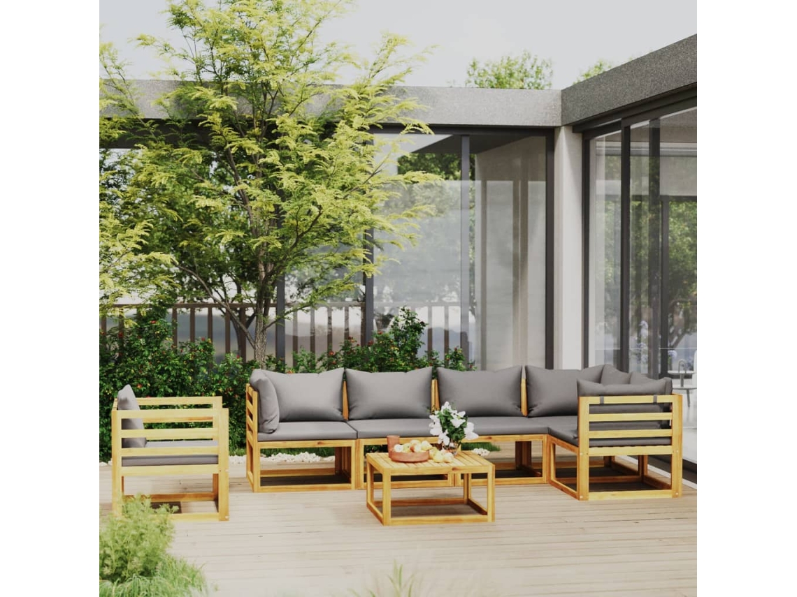 Vidaxl 7 Pcs Conjunto Lounge De Jardim Com Almofadões Acácia Maciça