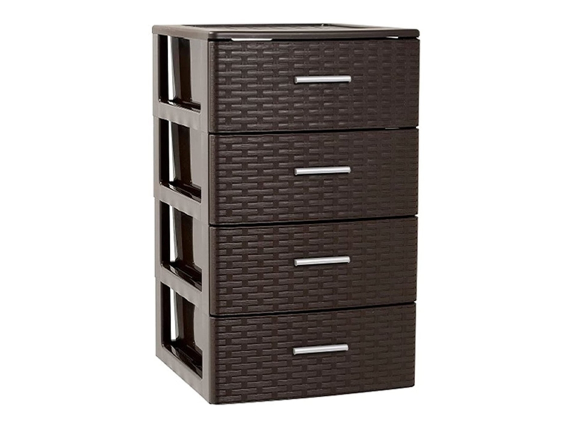 Cajonera De Ordenación Rattan De Plástico | Efecto Mimbre | Torre De Almacenaje Multiusos Wengue 4 Cajones