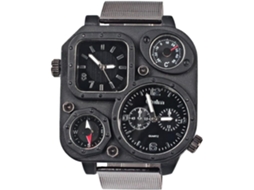 Relógio Masculino Analógico Militar Exército Multi-Fusos Horários Mostrador Quadrado Bracelete de Aço Mostrador Preto