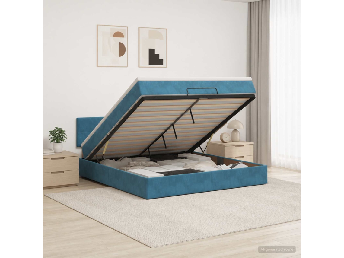 Vidaxl Cama Ottoman Com Colchão Azul Escuro 180 X 200 Cm Veludo