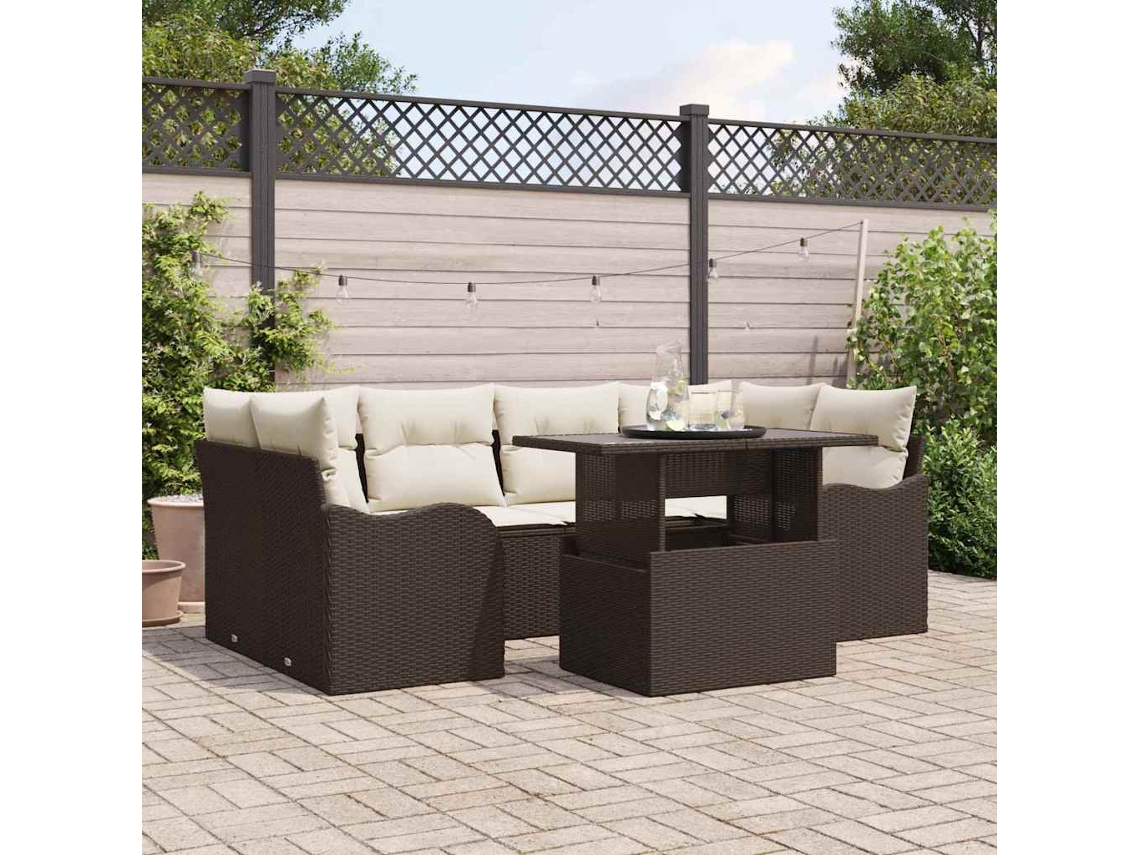 Vidaxl Conjunto De Sofá De Jardim 7 Unid. Marrom E Creme Vime Pe