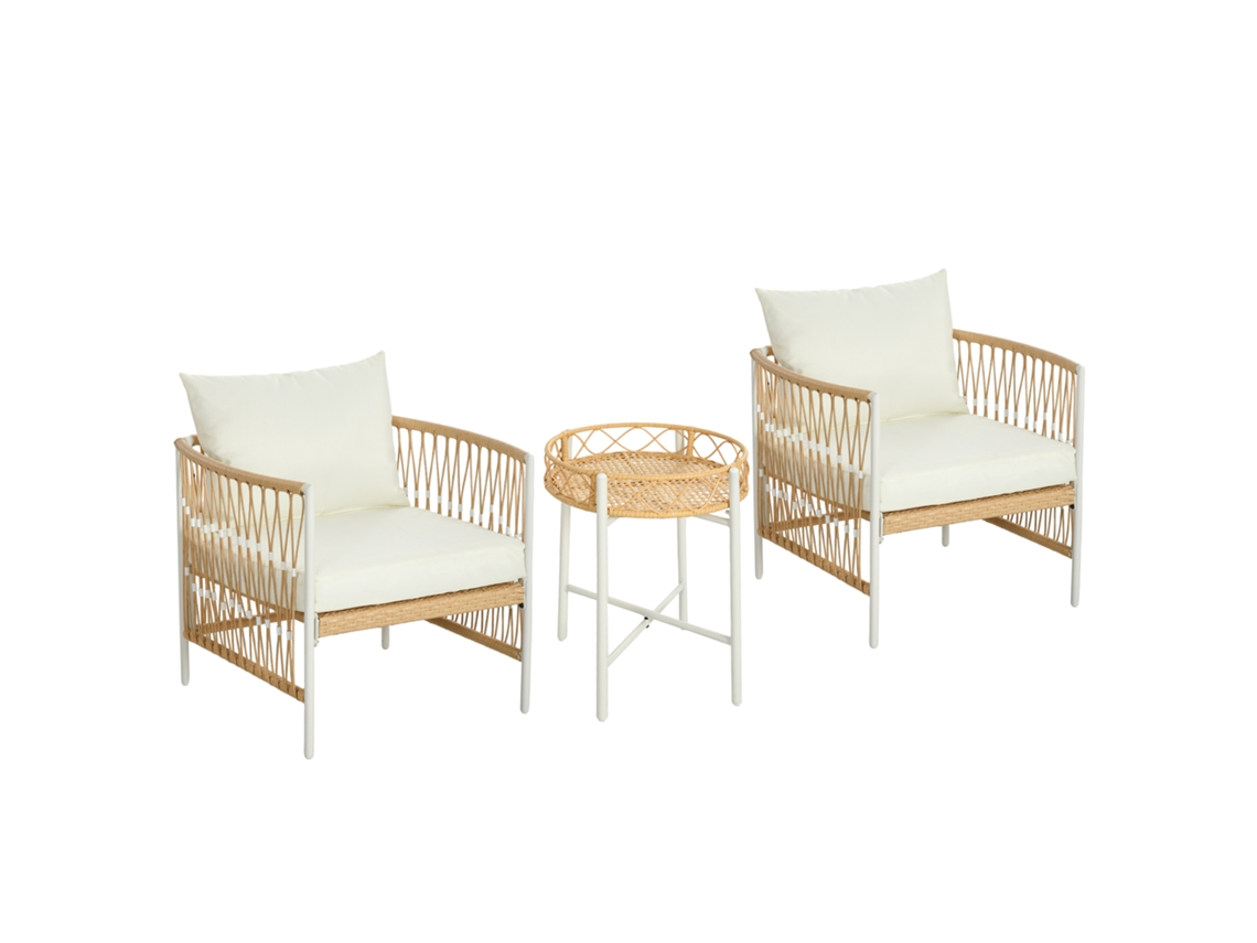 Conjunto De Jardim Boho Em Rattan Com 2 Cadeiras Com Almofadas E Mesa De Centro Redonda