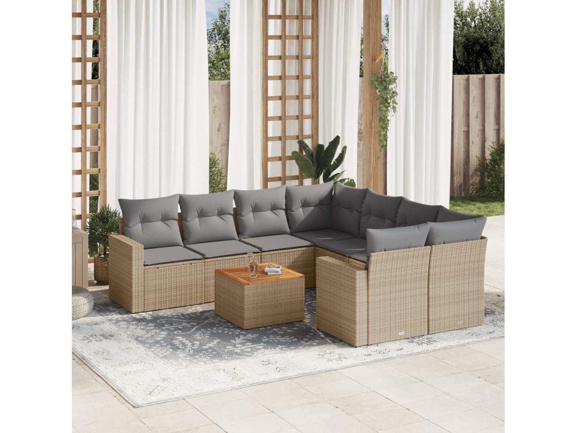 Vidaxl 9 Pcs Conj. Sofás Jardim C/ Almofadões Vime Pe Bege Misturado