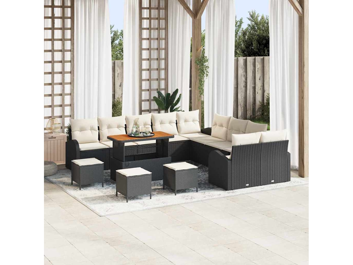 Vidaxl Conjunto De Sofá De Jardim Com Almofada 14 Pcs Preto E Creme