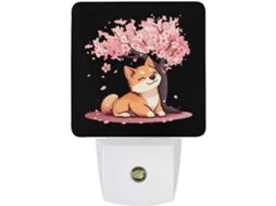 Luminária noturna LED Shiba Inu para cães, com design de flor de cerejeira japonesa e sensor de luz noturna.