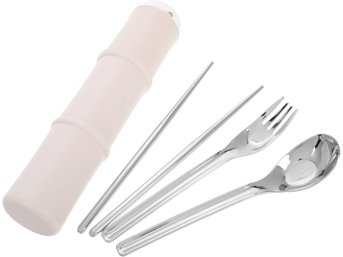 Kit Inoomp de Garfo e Colher Reutilizáveis em Aço Inoxidável, com Estojo Prático para Viagens e Piqueniques CHABERLU