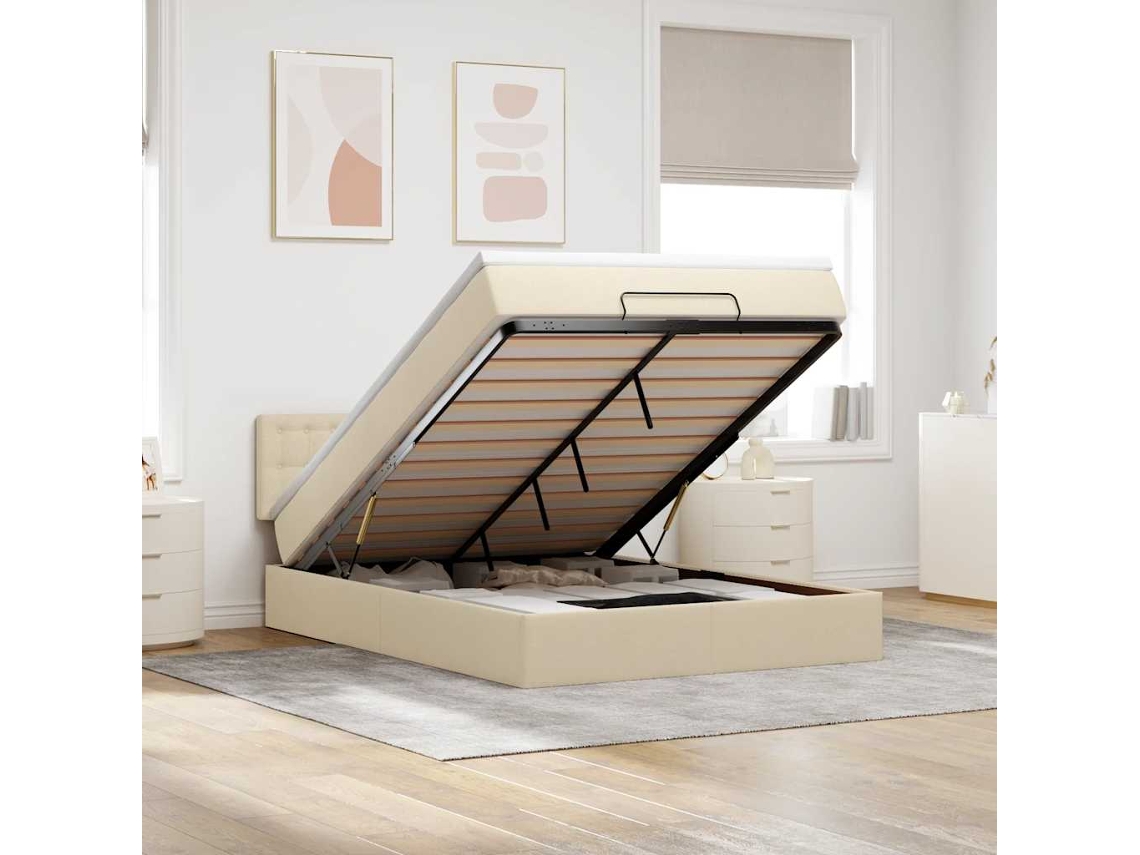 SYFAX™ Cama Otomana com Colchão Leds Creme 140x190cm Tecido