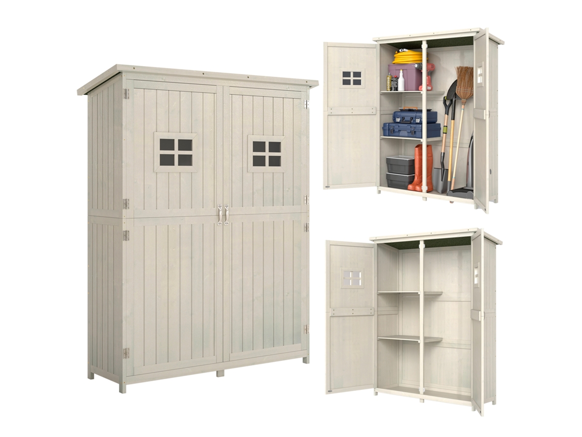 Casa de jardim em madeira com porta dupla, prateleiras e janelas 127,5x50x164cm BTFORUS