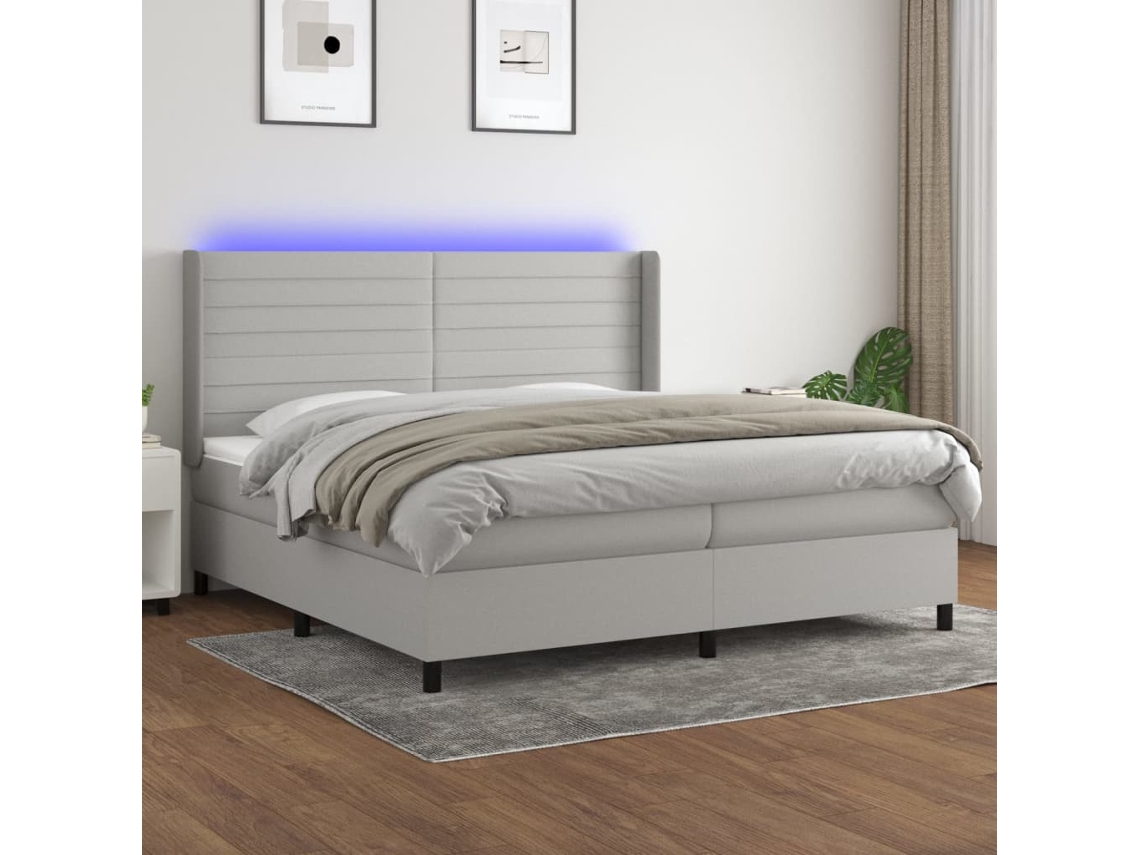 Vidaxl Cama Box Spring C/ Colchão E Led 200x200 Cm Tecido Cinza-claro