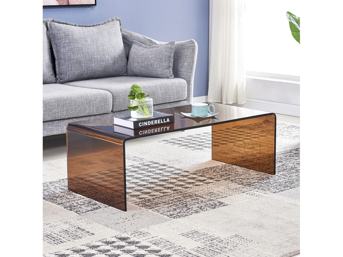 Mesa De Centro Em Vidro Temperado Marrom Curvado, Mesa De Chá Transparente