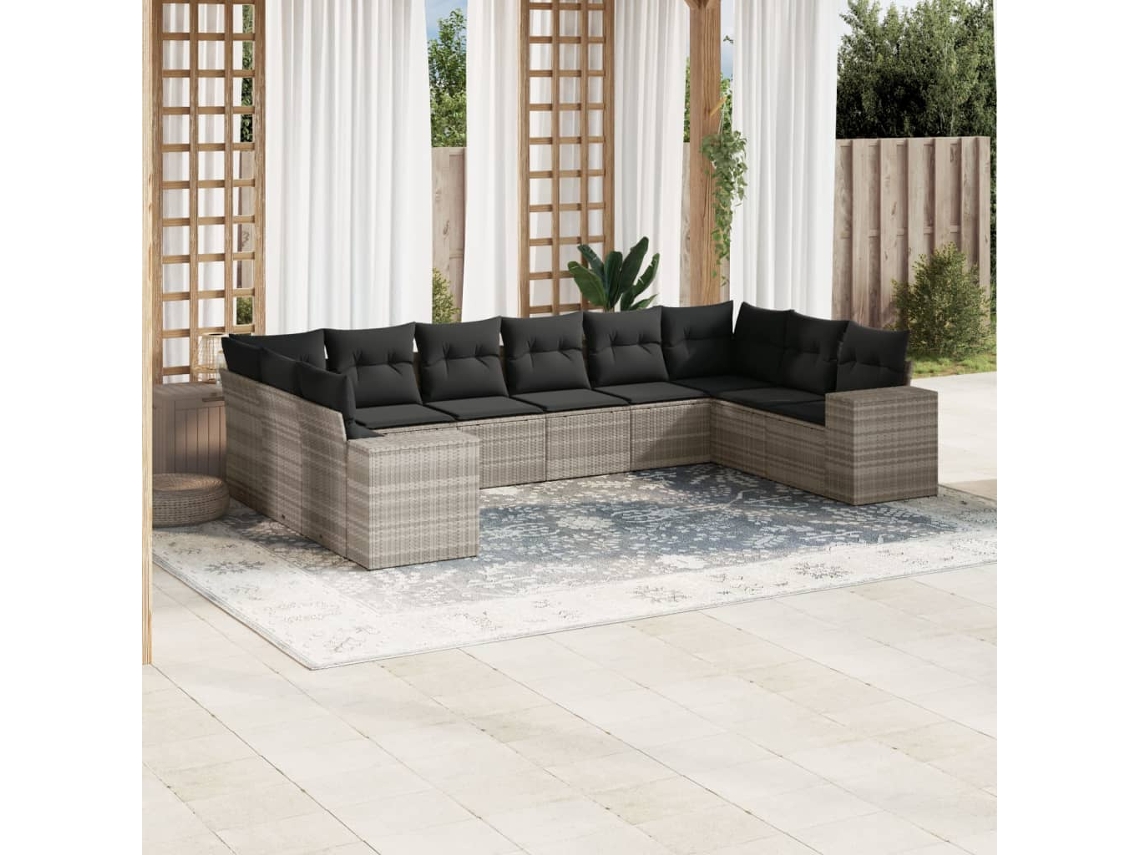 Vidaxl 10 Pcs Conj. Sofás Jardim Com Almofadões Vime Pe Cinzento-claro