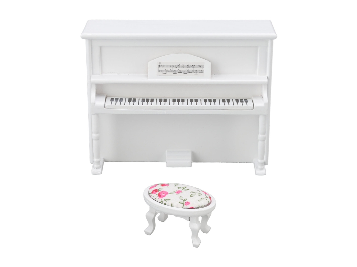 Mali piano Miniatura de Madeira Branco para Casinha de Bonecas 1:12 com Banquinho de Música