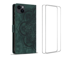 Capa Tkdaddy Para Iphone 15 Com 2 Peças De Vidro Temperado Wanlonfeng Mtl Series Mandala Couro Capa Para Celular Verde Meia-noite