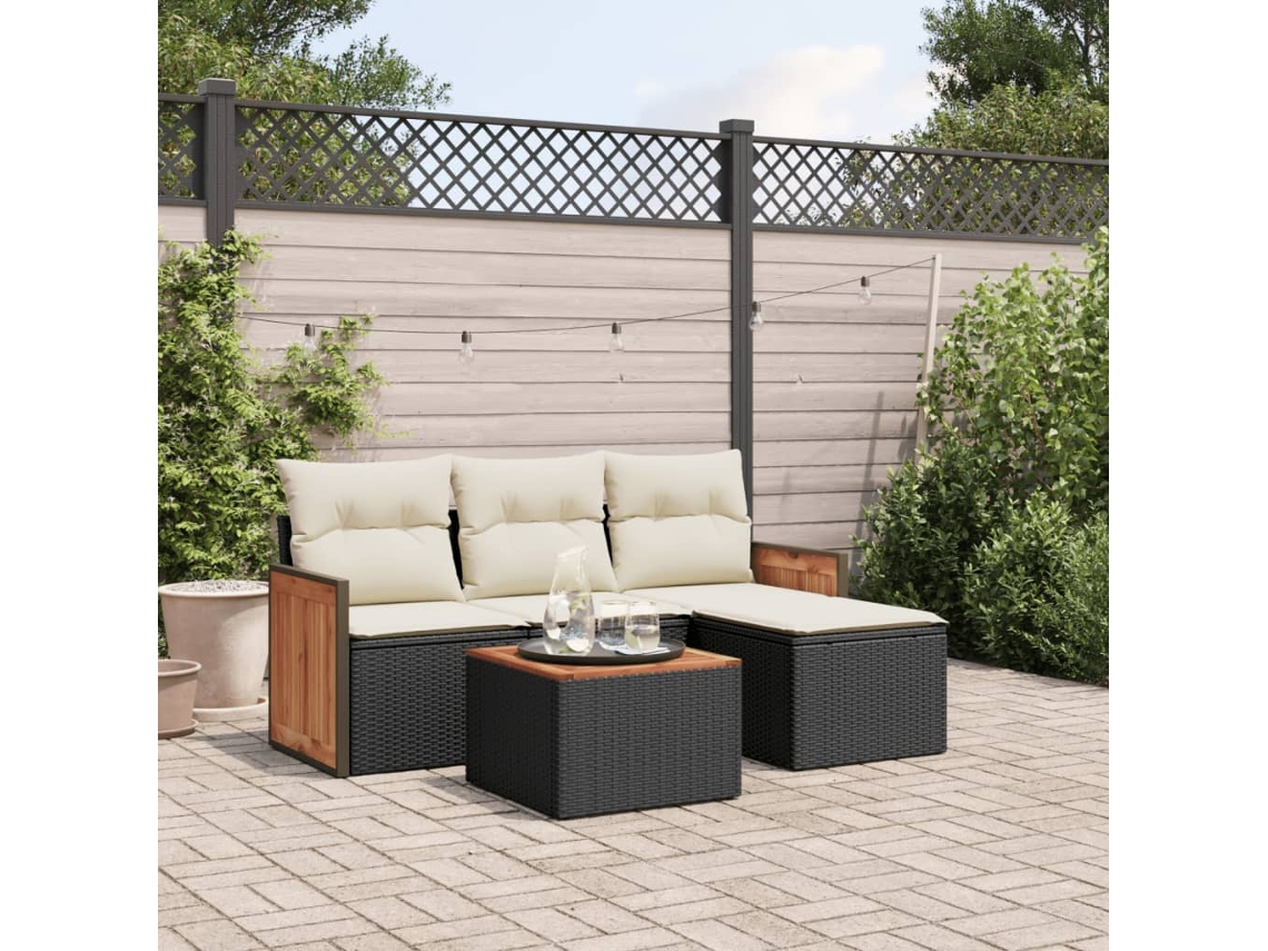 Vidaxl 5 Pcs Conjunto Sofás De Jardim Com Almofadões Vime Pe Preto