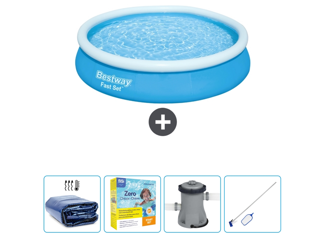 Piscina Inflável Redonda BESTWAY Fast Set 366 X 76 Cm Azul Incluída Vela Solar Pacote de Manutenção Bombear Kit de Limpeza