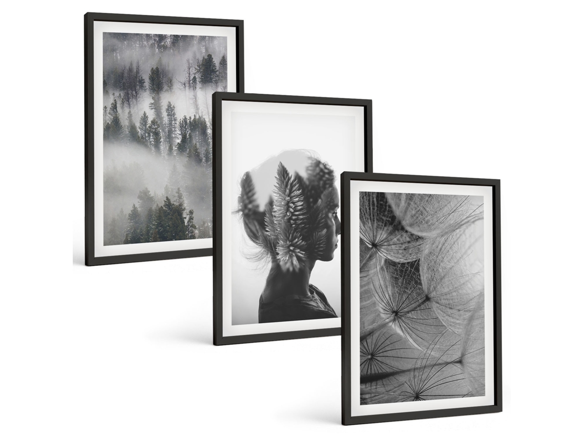 Conjunto De Pinturas Floresta, Neblina, Retrato, Árvores, Dente-de-leão Moldura Preta Quadros Para O Escritório Espelharte (3 Piezas De 40x60 Cm)